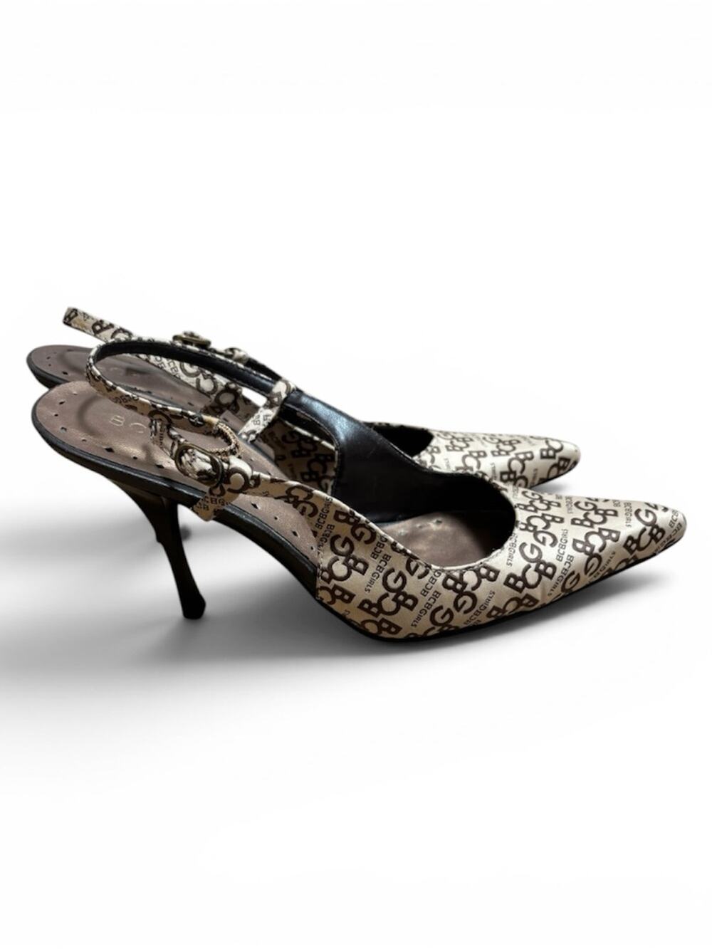 Y2K BCBG Girls Monogram Print Slingback Pointed Toe Heels Womens Size 7